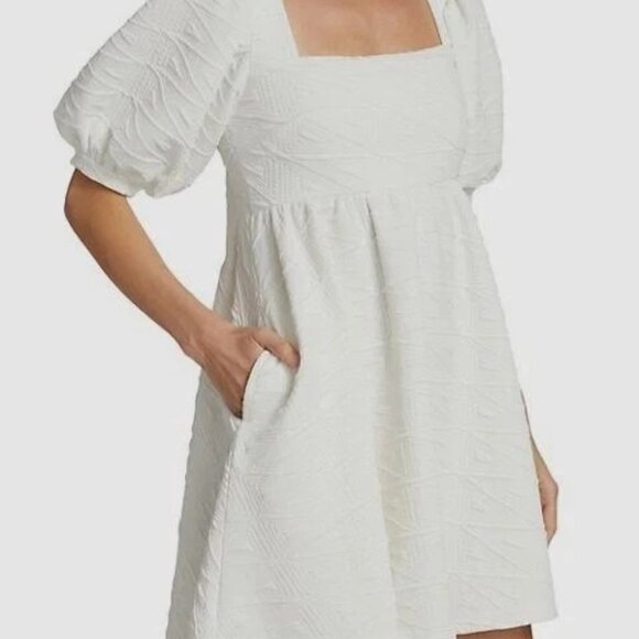 FREE PEOPLE White Square Neckline Tie Back Puff Sleeve "Violet" Minidress Sz L - Picture 4 of 13